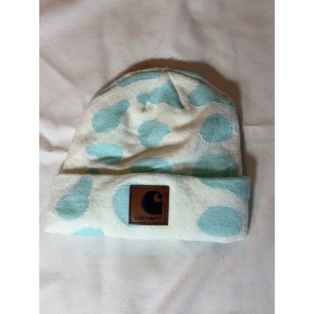 Carhartt Cow Print Beanie Hat Mint Green White Leather Patch Knit Cuffed Cap
